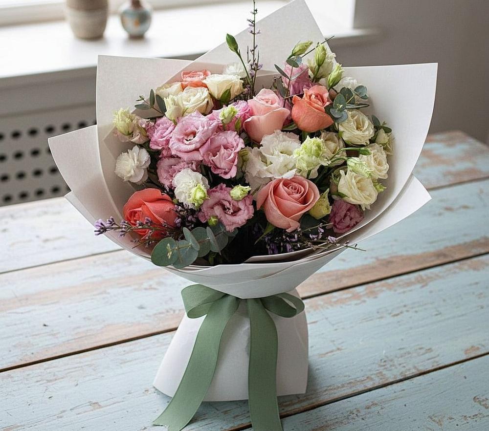 Букет цветов из: Розы, Лизиантусы и Гвоздики в Терском