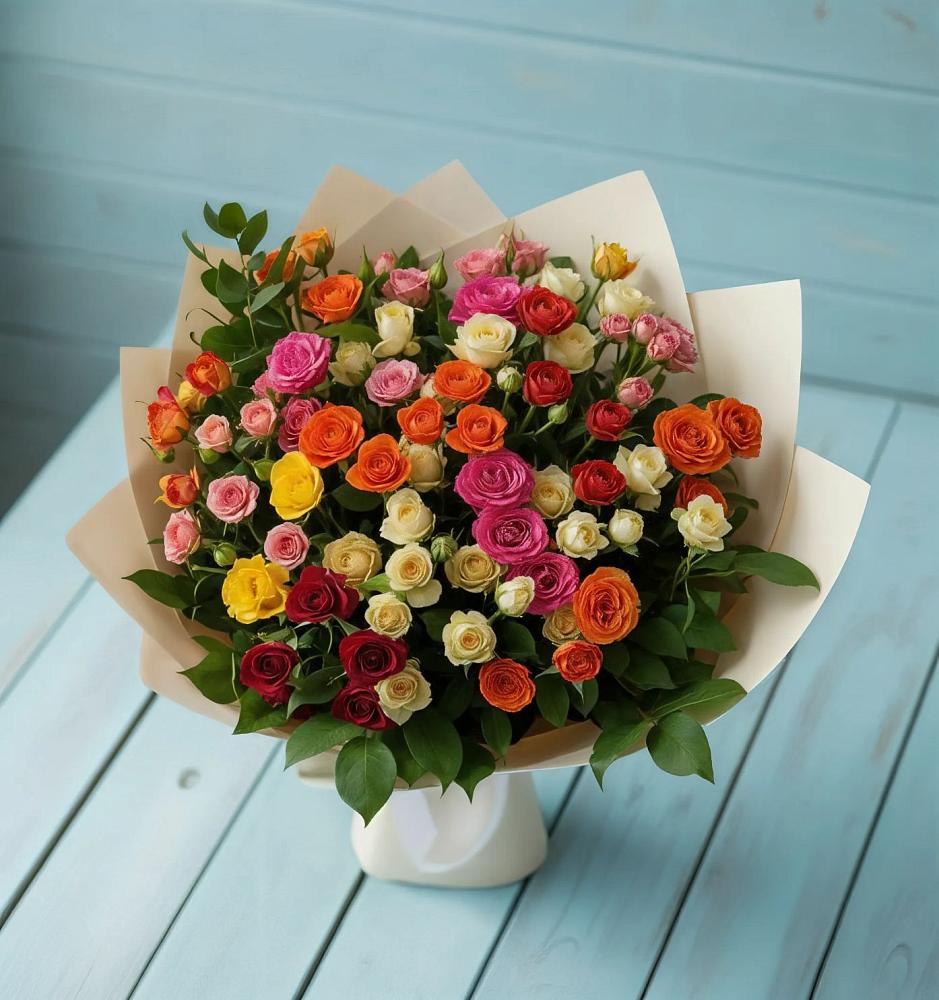 Букет Микс из разноцветных кустовых роз в Терском