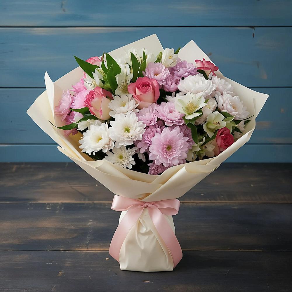 Букет цветов из: Хризантемы, Альстромерии и Розы в Терском